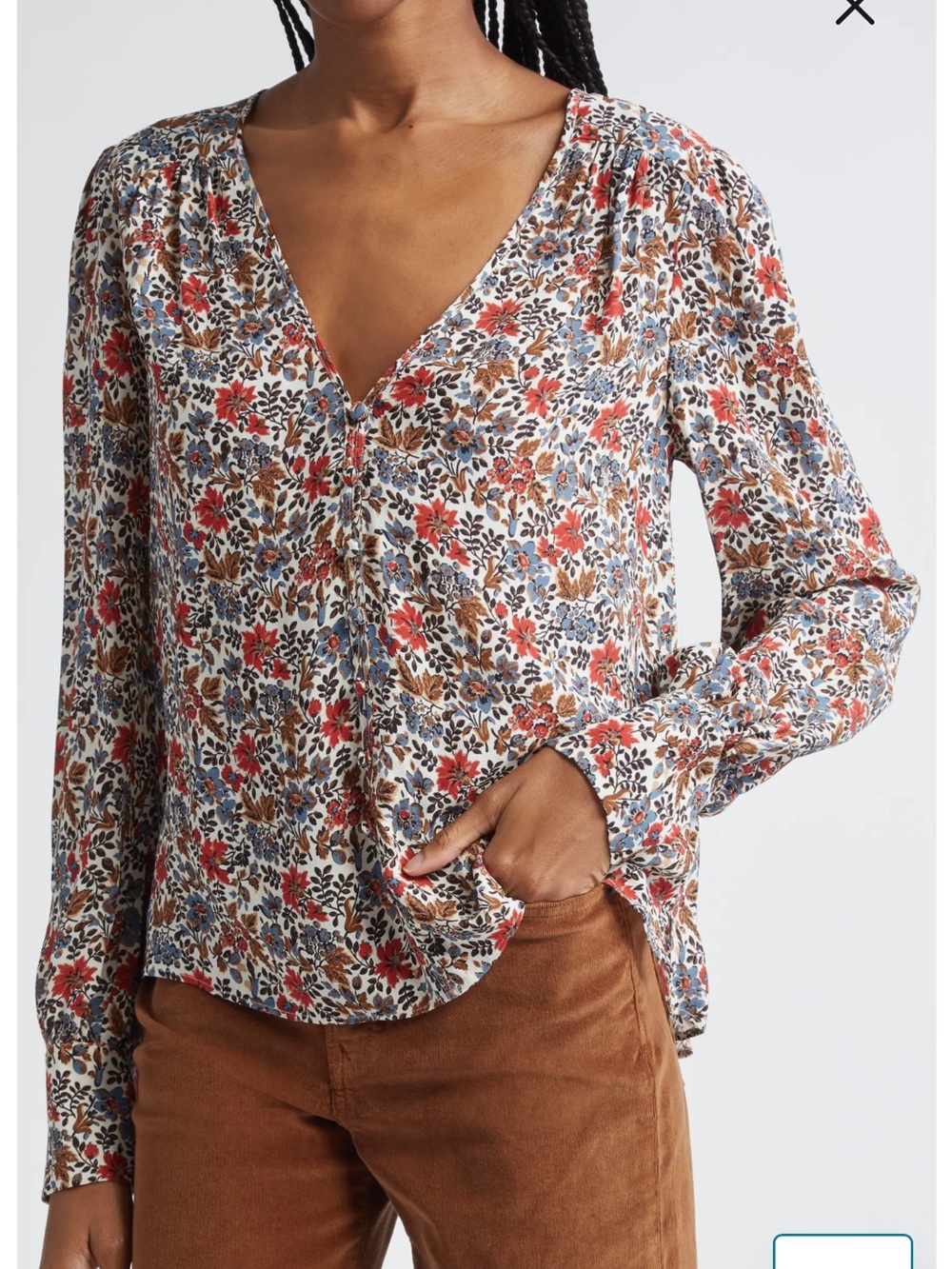 Veronica Beard Multi Floral V-Neck Long Sleeve Blouse